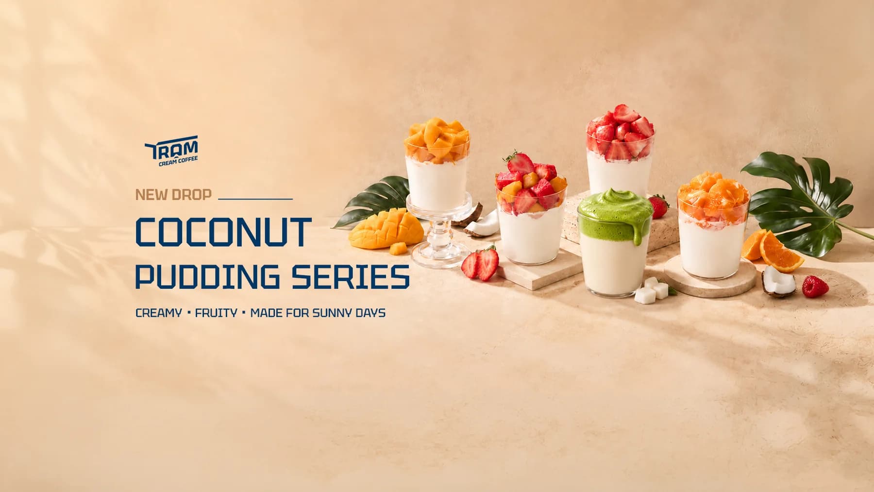 Coconut Pudding Series at Tram Cream Coffee featuring Mango, Strawberry, Matcha, Tropical, and Orange Coconut Pudding